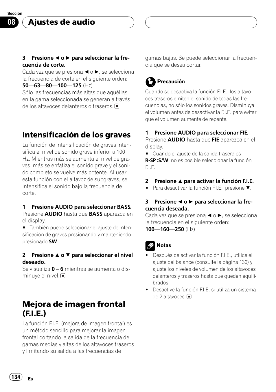 Intensificación de los graves 134, Mejora de imagen frontal (f.i.e.) 134, Intensificación de los graves | Mejora de imagen frontal (f.i.e.), Ajustes de audio | Pioneer DEH-P3800MP User Manual | Page 134 / 148