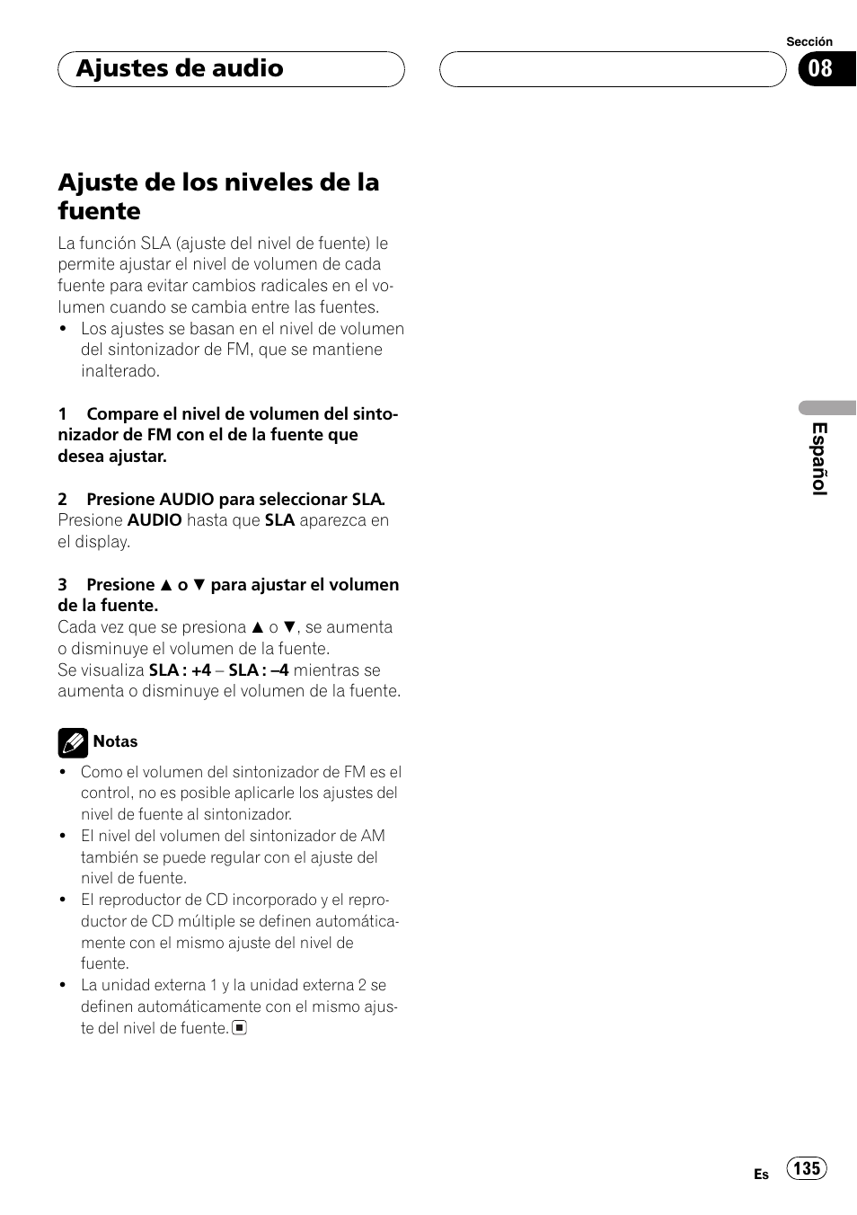 Ajuste de los niveles de la fuente 135, Ajuste de los niveles de la fuente, Ajustes de audio | Pioneer DEH-P3800MP User Manual | Page 135 / 148
