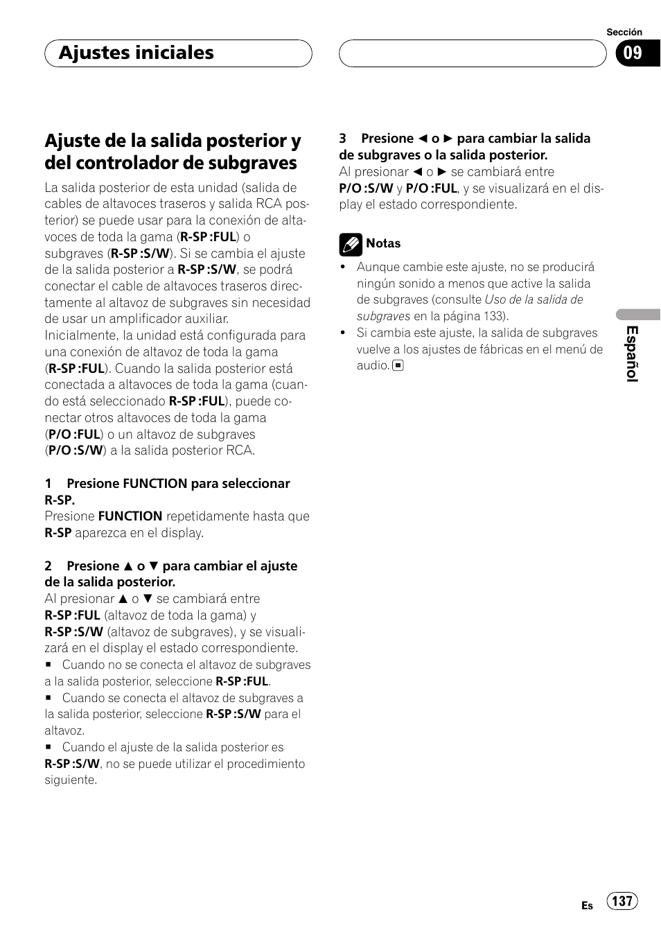 Ajuste de la salida posterior y del controlador, De subgraves 137, Ajustes iniciales | Pioneer DEH-P3800MP User Manual | Page 137 / 148