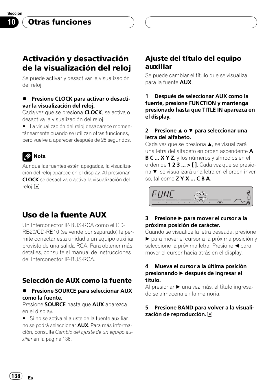Otras funciones, Activación y desactivación de la visualización, Del reloj 138 | Uso de la fuente aux 138, Selección de aux como la, Fuente 138, Ajuste del título del equipo, Auxiliar 138, Uso de la fuente aux | Pioneer DEH-P3800MP User Manual | Page 138 / 148