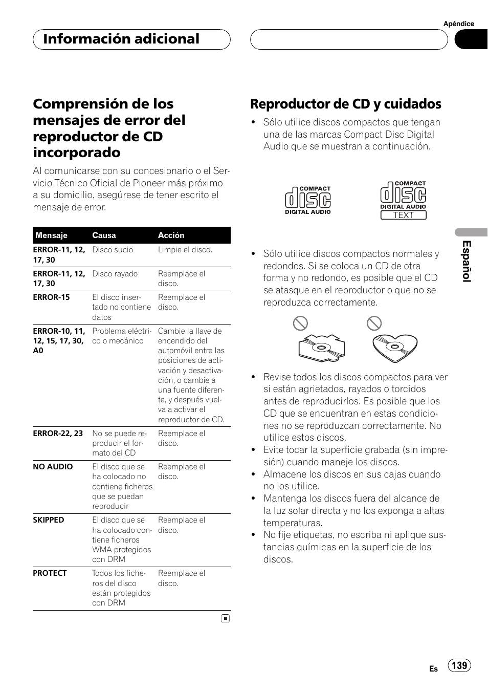 Información adicional, Comprensión de los mensajes de error del, Reproductor de cd incorporado 139 | Reproductor de cd y cuidados 139, Reproductor de cd y cuidados, Español | Pioneer DEH-P3800MP User Manual | Page 139 / 148