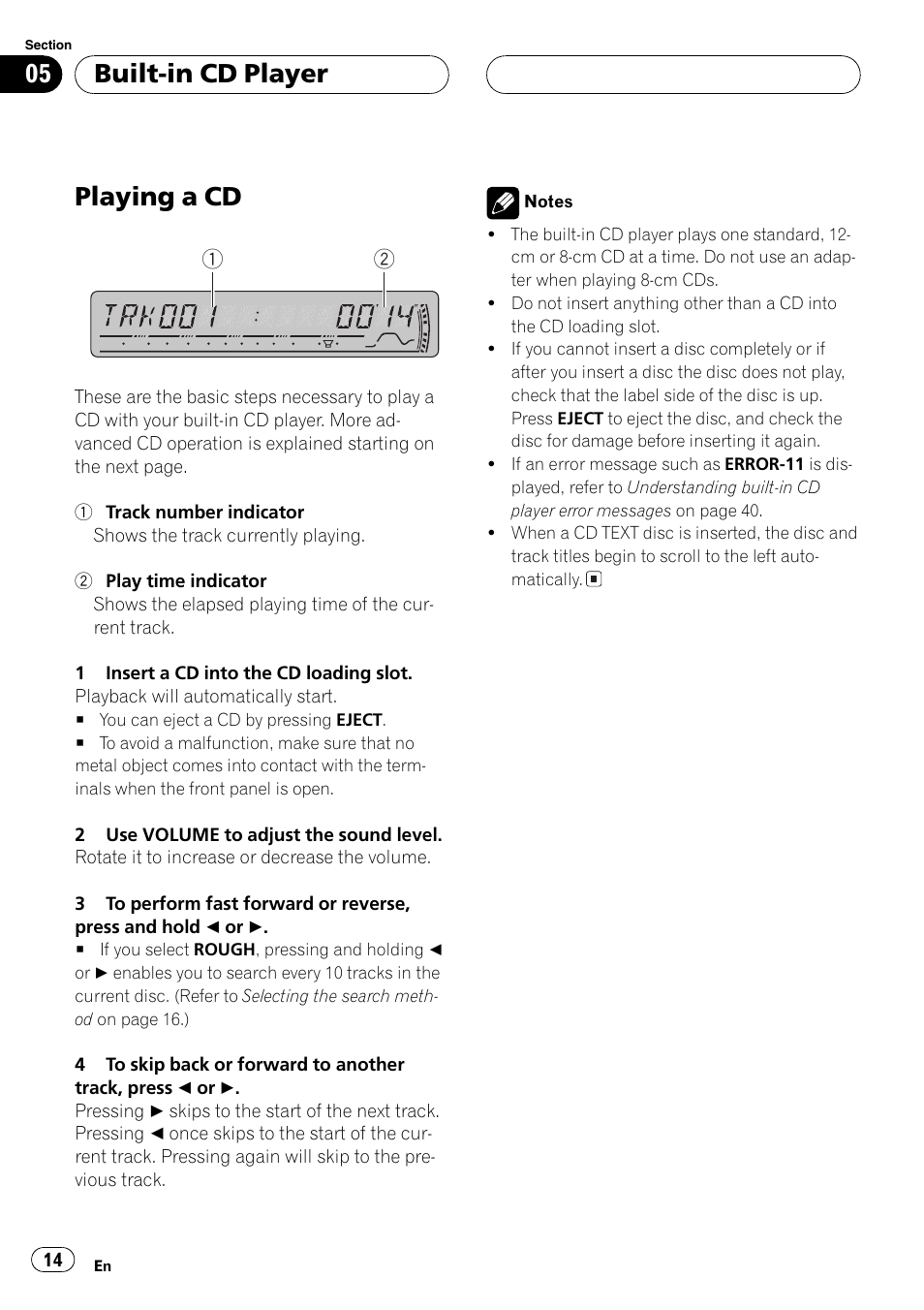 Built-in cd player playing a cd 14, Playing a cd, Built-in cd player | Pioneer DEH-P3800MP User Manual | Page 14 / 148