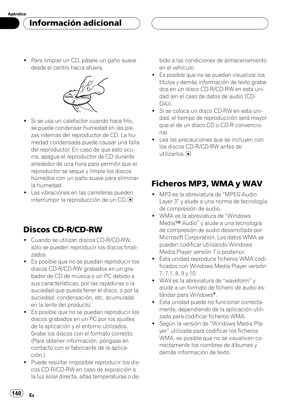 Discos cd-r/cd-rw 140, Ficheros mp3, wma y wav 140, Discos cd-r/cd-rw | Ficheros mp3, wma y wav, Información adicional | Pioneer DEH-P3800MP User Manual | Page 140 / 148