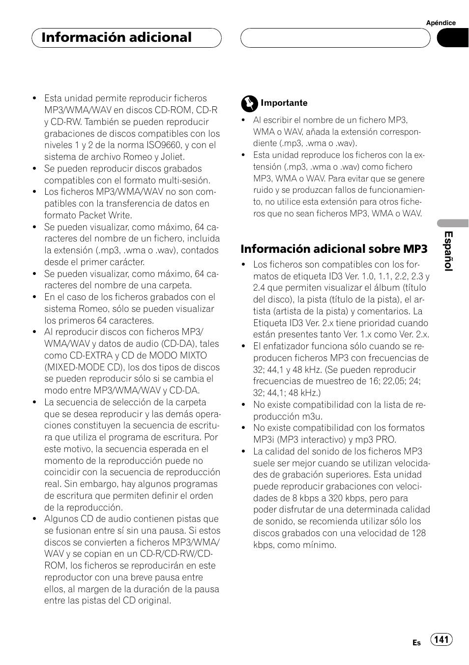 Información adicional sobre, Mp3 141, Información adicional | Información adicional sobre mp3 | Pioneer DEH-P3800MP User Manual | Page 141 / 148