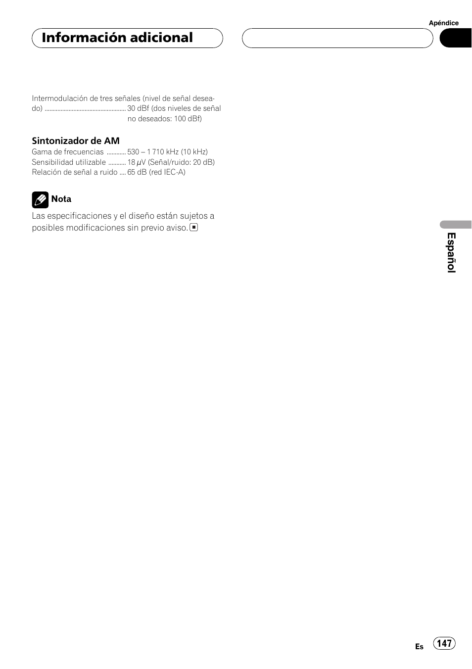 Información adicional, Español | Pioneer DEH-P3800MP User Manual | Page 147 / 148
