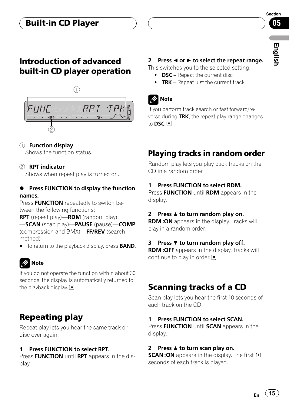 Introduction of advanced built-in cd player, Operation 15, Repeating play | Playing tracks in random order, Scanning tracks of a cd, Built-in cd player | Pioneer DEH-P3800MP User Manual | Page 15 / 148