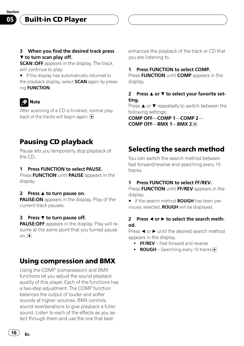 Pausing cd playback, Using compression and bmx, Selecting the search method | Built-in cd player | Pioneer DEH-P3800MP User Manual | Page 16 / 148