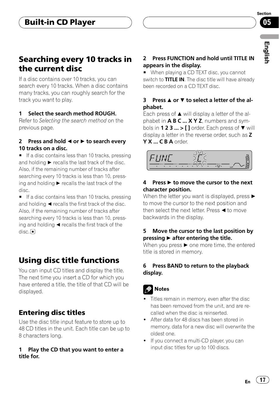Searching every 10 tracks in the current, Disc 17, Using disc title functions 17 | Entering disc titles 17, Searching every 10 tracks in the current disc, Using disc title functions, Built-in cd player, Entering disc titles | Pioneer DEH-P3800MP User Manual | Page 17 / 148