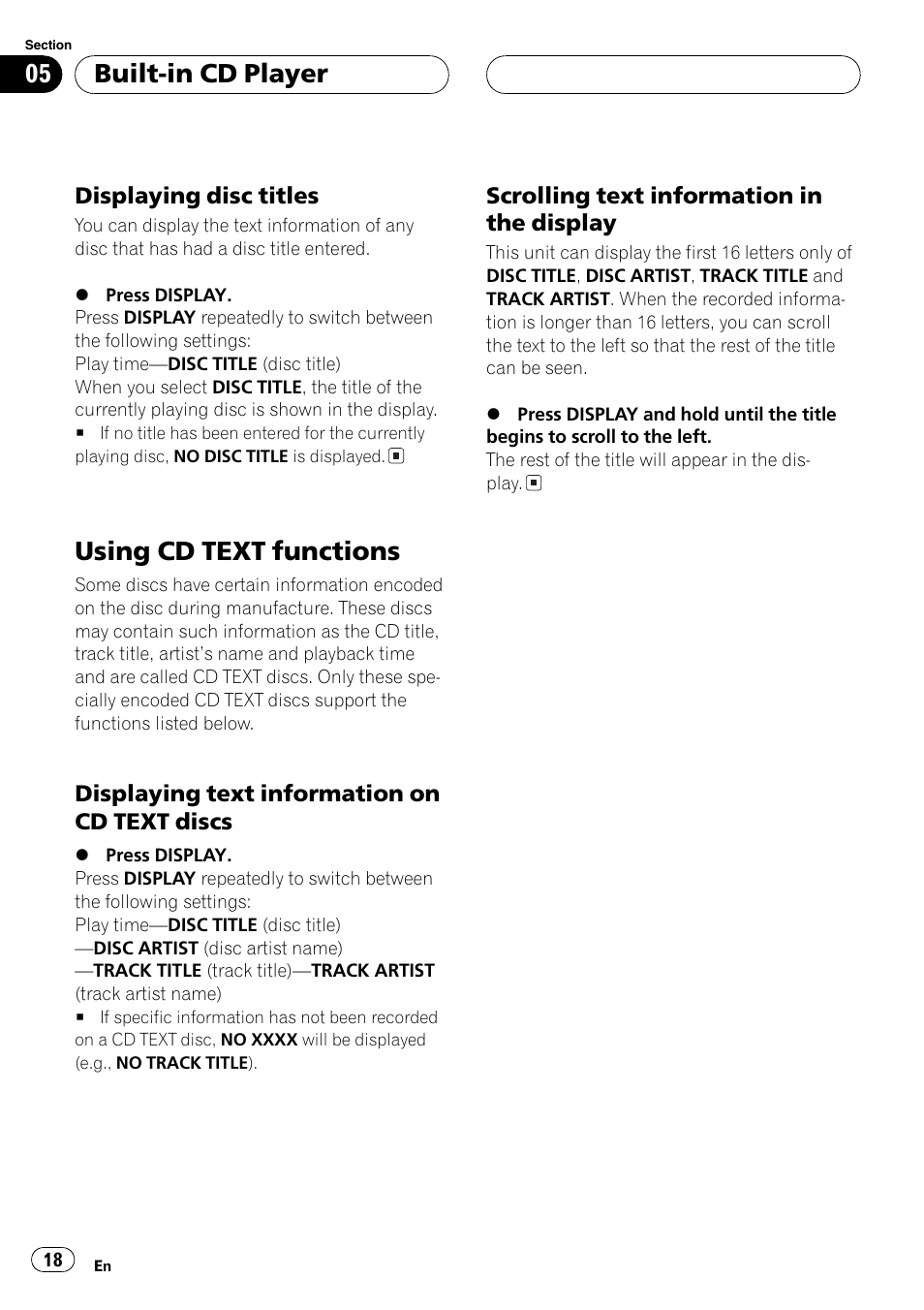 Displaying disc titles 18, Using cd text functions 18, Displaying text information on cd | Text discs 18, Scrolling text information in the, Display 18, Using cd text functions, Built-in cd player | Pioneer DEH-P3800MP User Manual | Page 18 / 148