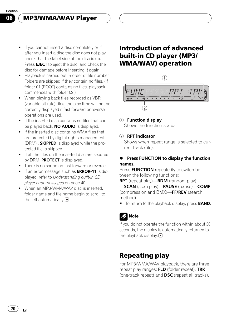 Introduction of advanced built-in cd player, Mp3/wma/wav) operation 20, Repeating play 20 | Repeating play, Mp3/wma/wav player | Pioneer DEH-P3800MP User Manual | Page 20 / 148