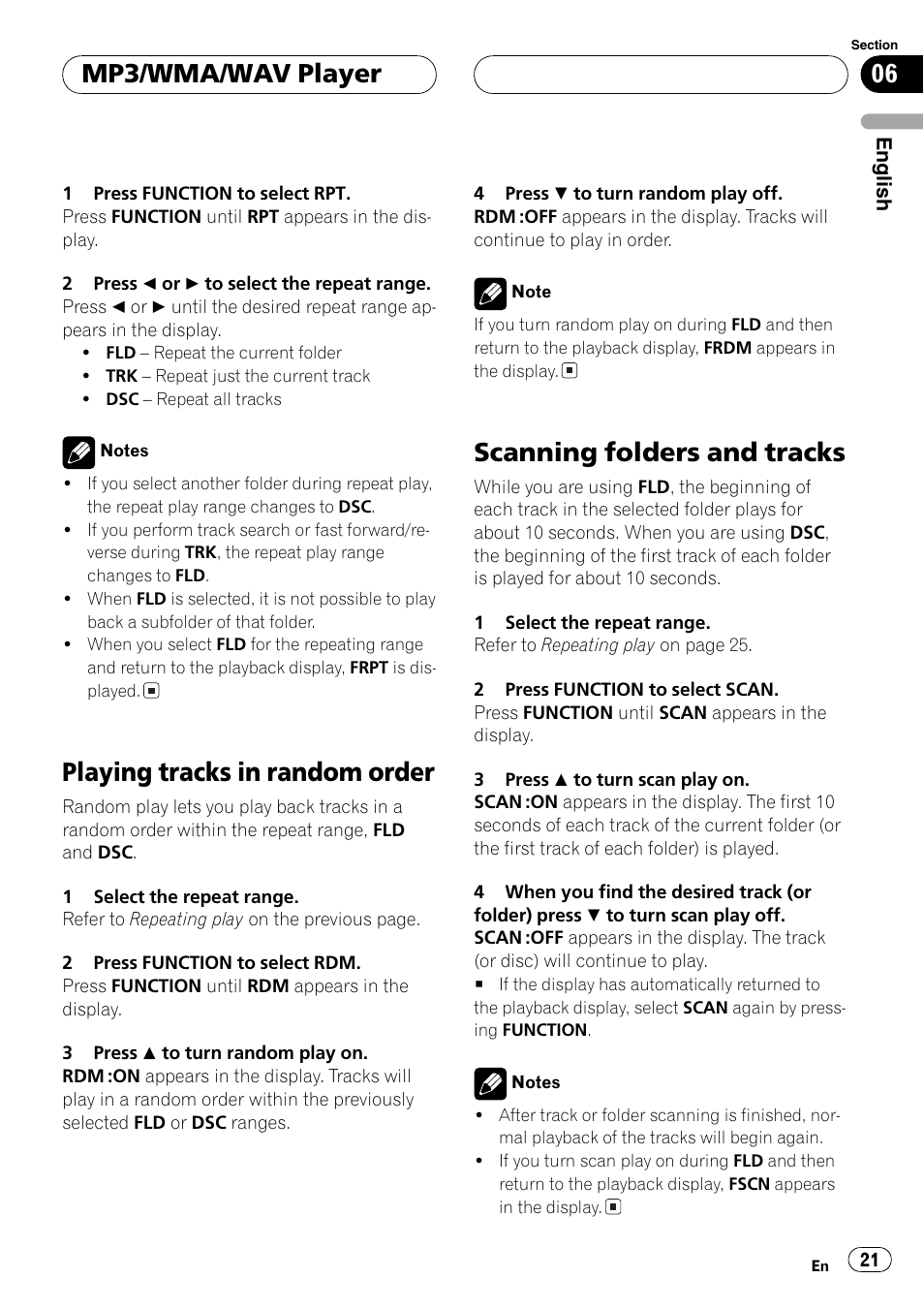 Playing tracks in random order, Scanning folders and tracks, Mp3/wma/wav player | Pioneer DEH-P3800MP User Manual | Page 21 / 148