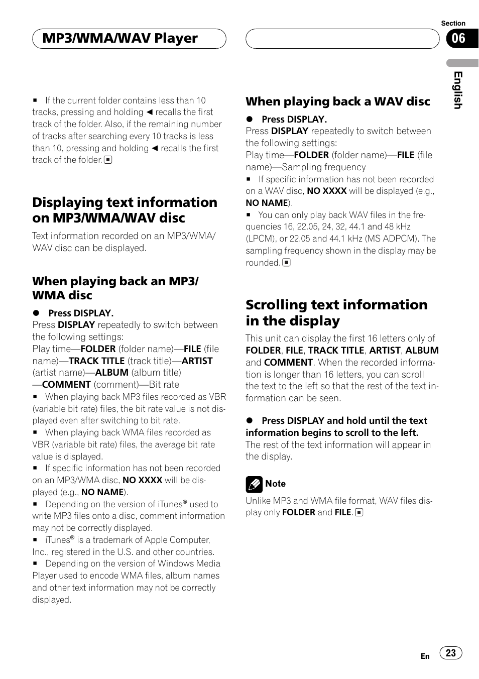 Displaying text information on mp3/wma, Wav disc 23, When playing back an mp3/wma | Disc 23, When playing back a wav disc 23, Scrolling text information in the display 23, Displaying text information on mp3/wma/wav disc, Scrolling text information in the display, Mp3/wma/wav player | Pioneer DEH-P3800MP User Manual | Page 23 / 148
