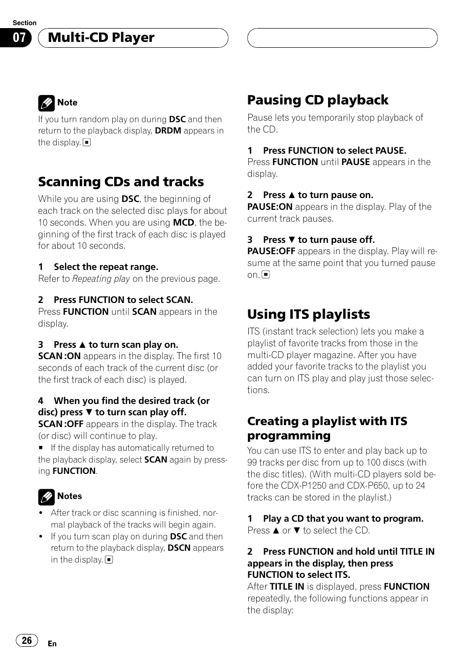 Creating a playlist with its, Programming 26, Scanning cds and tracks | Pausing cd playback, Using its playlists, Multi-cd player, Creating a playlist with its programming | Pioneer DEH-P3800MP User Manual | Page 26 / 148