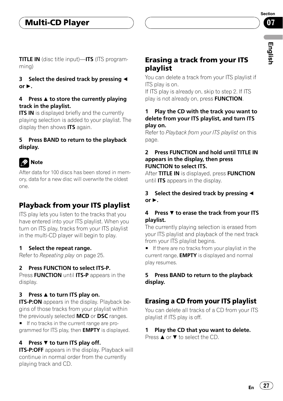 Playback from your its playlist 27, Erasing a track from your its, Playlist 27 | Erasing a cd from your its, Multi-cd player, Playbackfrom your its playlist, Erasing a trackfrom your its playlist, Erasing a cd from your its playlist | Pioneer DEH-P3800MP User Manual | Page 27 / 148