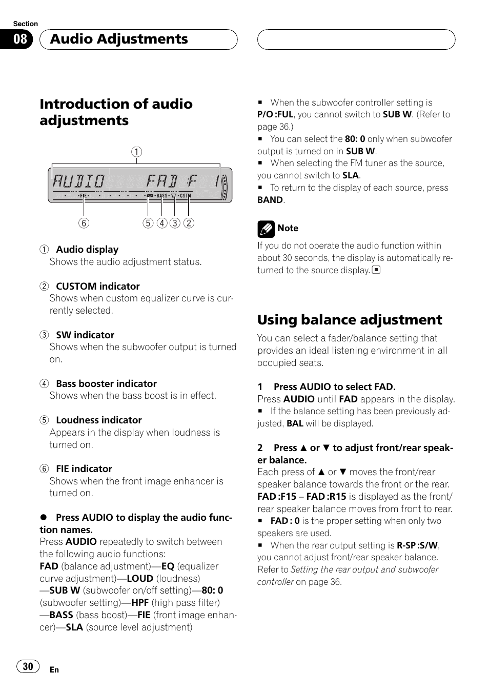 Introduction of audio adjustments, Using balance adjustment, Audio adjustments | Pioneer DEH-P3800MP User Manual | Page 30 / 148