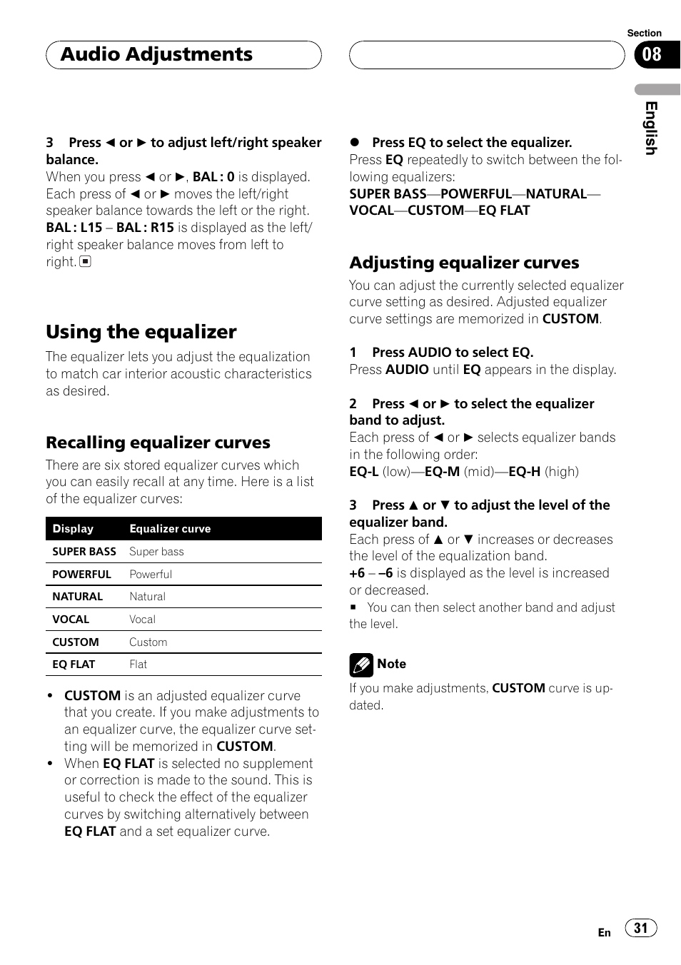 Using the equalizer 31, Recalling equalizer curves 31, Adjusting equalizer curves 31 | Using the equalizer, Audio adjustments, Recalling equalizer curves, Adjusting equalizer curves | Pioneer DEH-P3800MP User Manual | Page 31 / 148