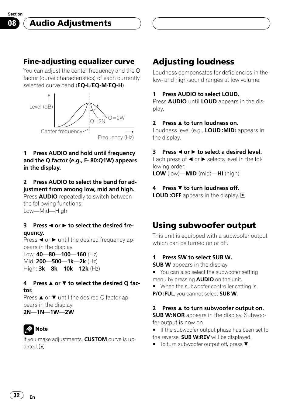 Fine-adjusting equalizer curve 32, Adjusting loudness 32 using subwoofer output 32, Adjusting loudness | Using subwoofer output, Audio adjustments, Fine-adjusting equalizer curve | Pioneer DEH-P3800MP User Manual | Page 32 / 148