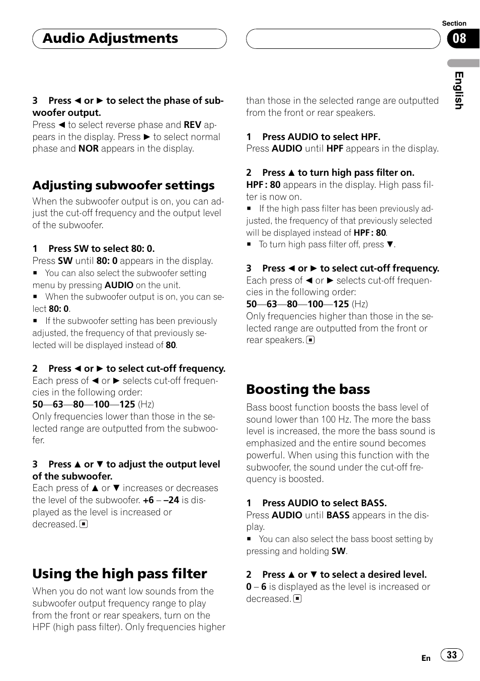 Adjusting subwoofer settings 33, Using the high pass filter 33 boosting the bass 33, Using the high pass filter | Boosting the bass, Audio adjustments, Adjusting subwoofer settings | Pioneer DEH-P3800MP User Manual | Page 33 / 148