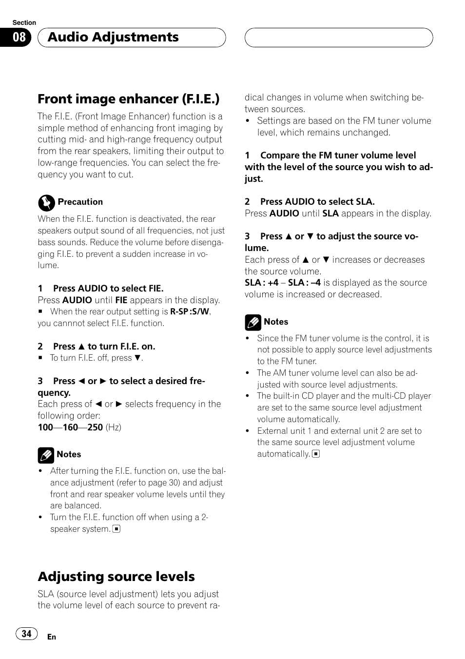 Front image enhancer (f.i.e.), Adjusting source levels, Audio adjustments | Pioneer DEH-P3800MP User Manual | Page 34 / 148