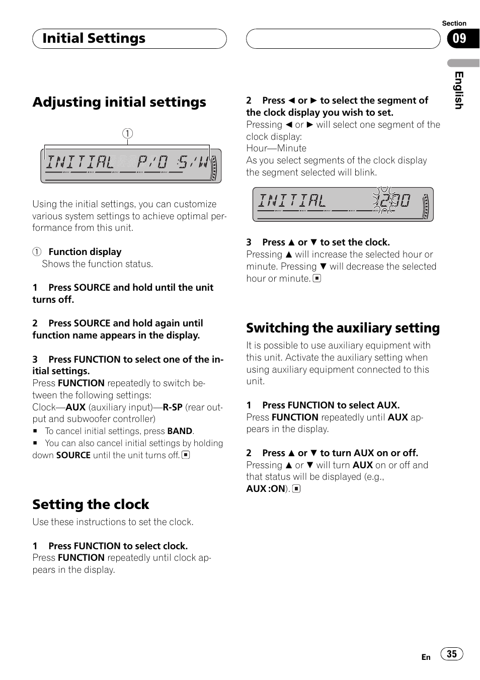 Adjusting initial settings, Setting the clock, Switching the auxiliary setting | Initial settings | Pioneer DEH-P3800MP User Manual | Page 35 / 148