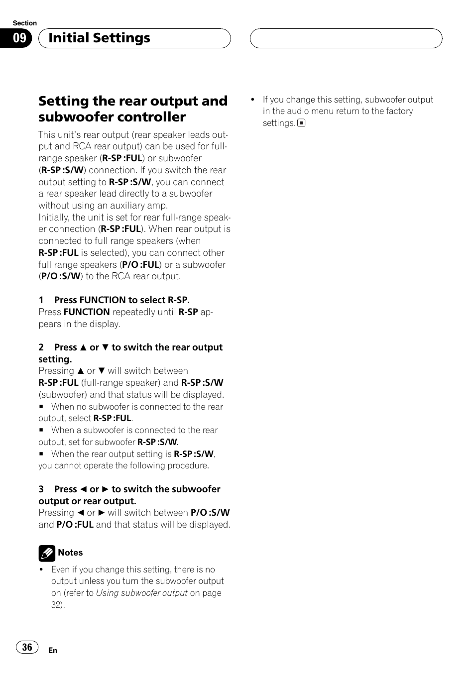 Setting the rear output and subwoofer, Controller 36, Setting the rear output and subwoofer controller | Initial settings | Pioneer DEH-P3800MP User Manual | Page 36 / 148