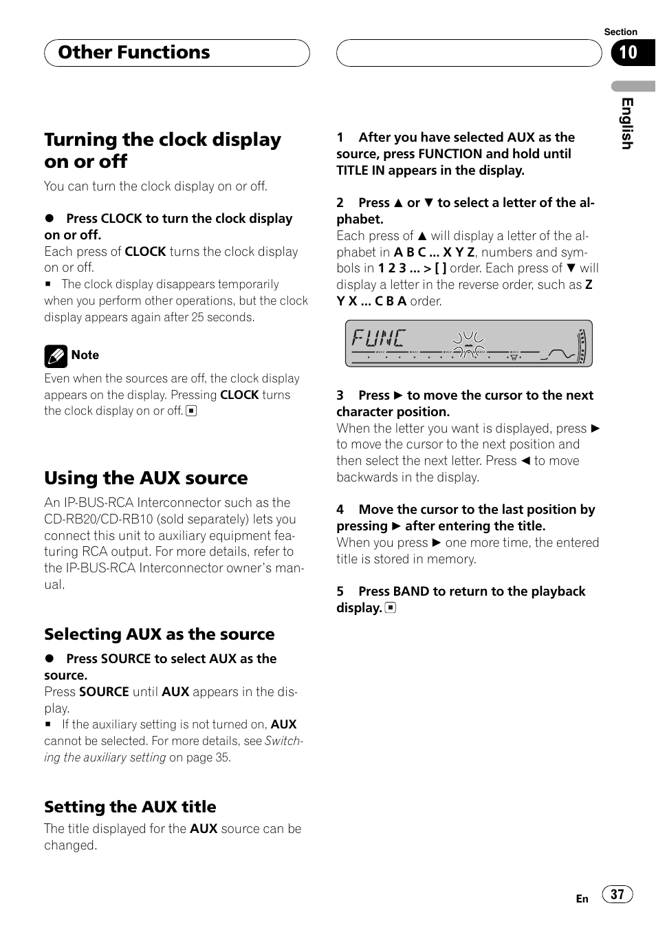 Selecting aux as the source 37, Setting the aux title 37, Turning the clockdisplay on or off | Using the aux source, Other functions | Pioneer DEH-P3800MP User Manual | Page 37 / 148