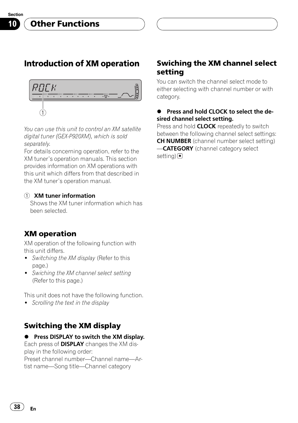 Introduction of xmoperation 38, Xmoperation 38, Switching the xmdisplay 38 | Swiching the xmchannel select, Setting 38, Introduction of xm operation, Other functions | Pioneer DEH-P3800MP User Manual | Page 38 / 148