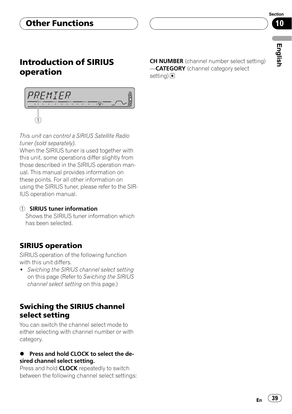 Introduction of sirius operation 39, Sirius operation 39, Swiching the sirius channel select | Setting 39, Introduction of sirius operation, Other functions | Pioneer DEH-P3800MP User Manual | Page 39 / 148