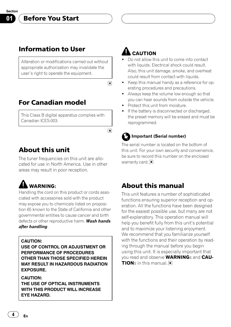 Information to user, For canadian model, About this unit | About this manual, Before you start | Pioneer DEH-P3800MP User Manual | Page 4 / 148