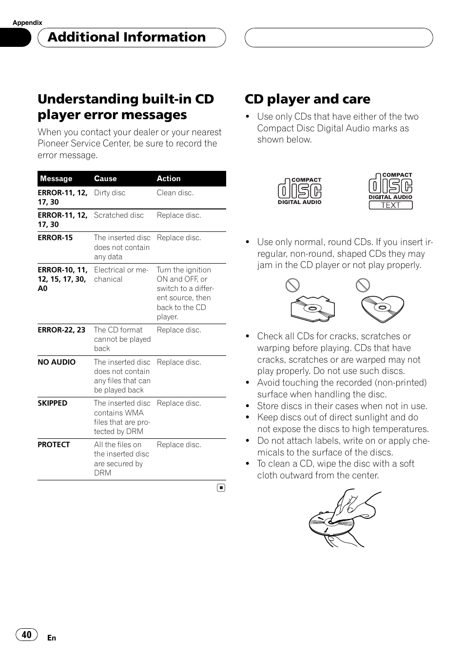 Messages 40, Cd player and care 40, Understanding built-in cd player error messages | Cd player and care, Additional information | Pioneer DEH-P3800MP User Manual | Page 40 / 148