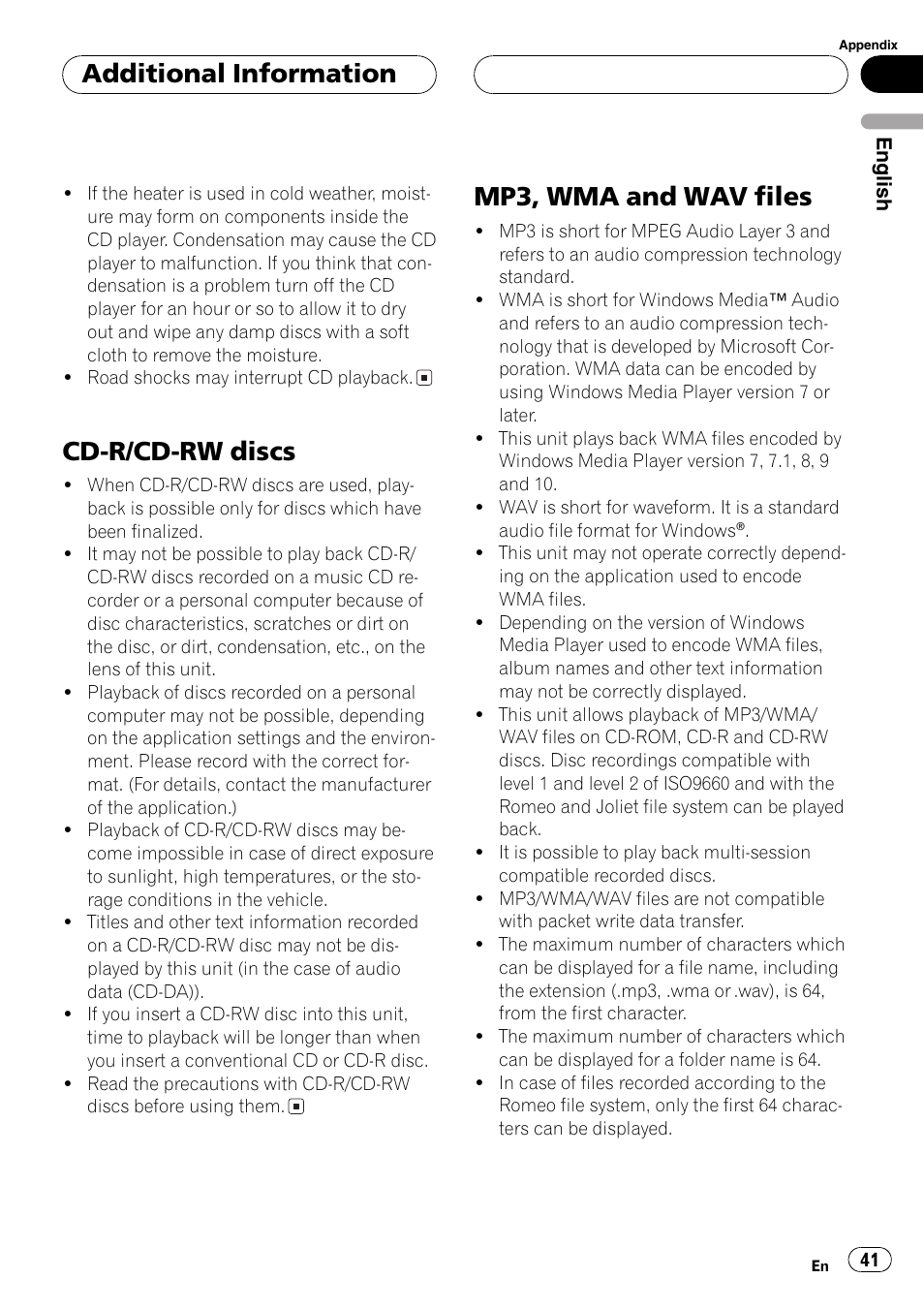 Cd-r/cd-rw discs 41 mp3, wma and wav files 41, Cd-r/cd-rw discs, Mp3, wma and wav files | Additional information | Pioneer DEH-P3800MP User Manual | Page 41 / 148