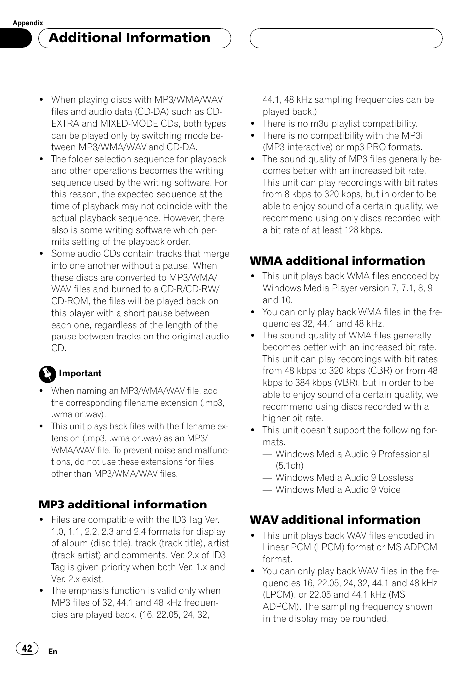 Mp3 additional information 42, Wma additional information 42, Wav additional information 42 | Additional information, Mp3 additional information, Wma additional information, Wav additional information | Pioneer DEH-P3800MP User Manual | Page 42 / 148