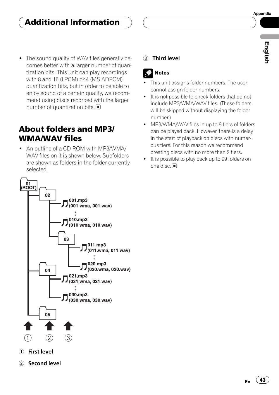 About folders and mp3/wma/wav files 43, About folders and mp3/ wma/wav files, Additional information | Pioneer DEH-P3800MP User Manual | Page 43 / 148