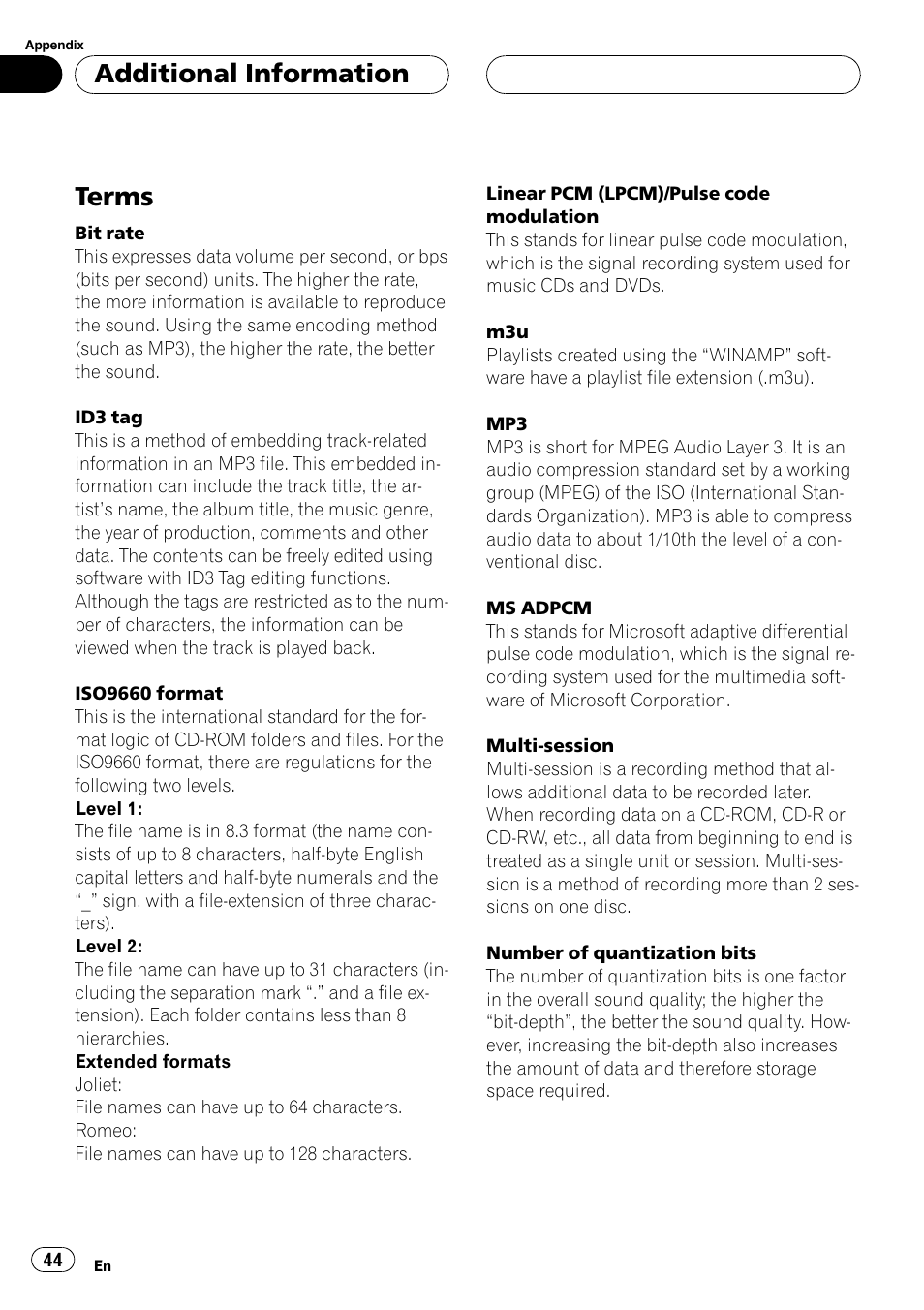 Terms 44, Terms, Additional information | Pioneer DEH-P3800MP User Manual | Page 44 / 148