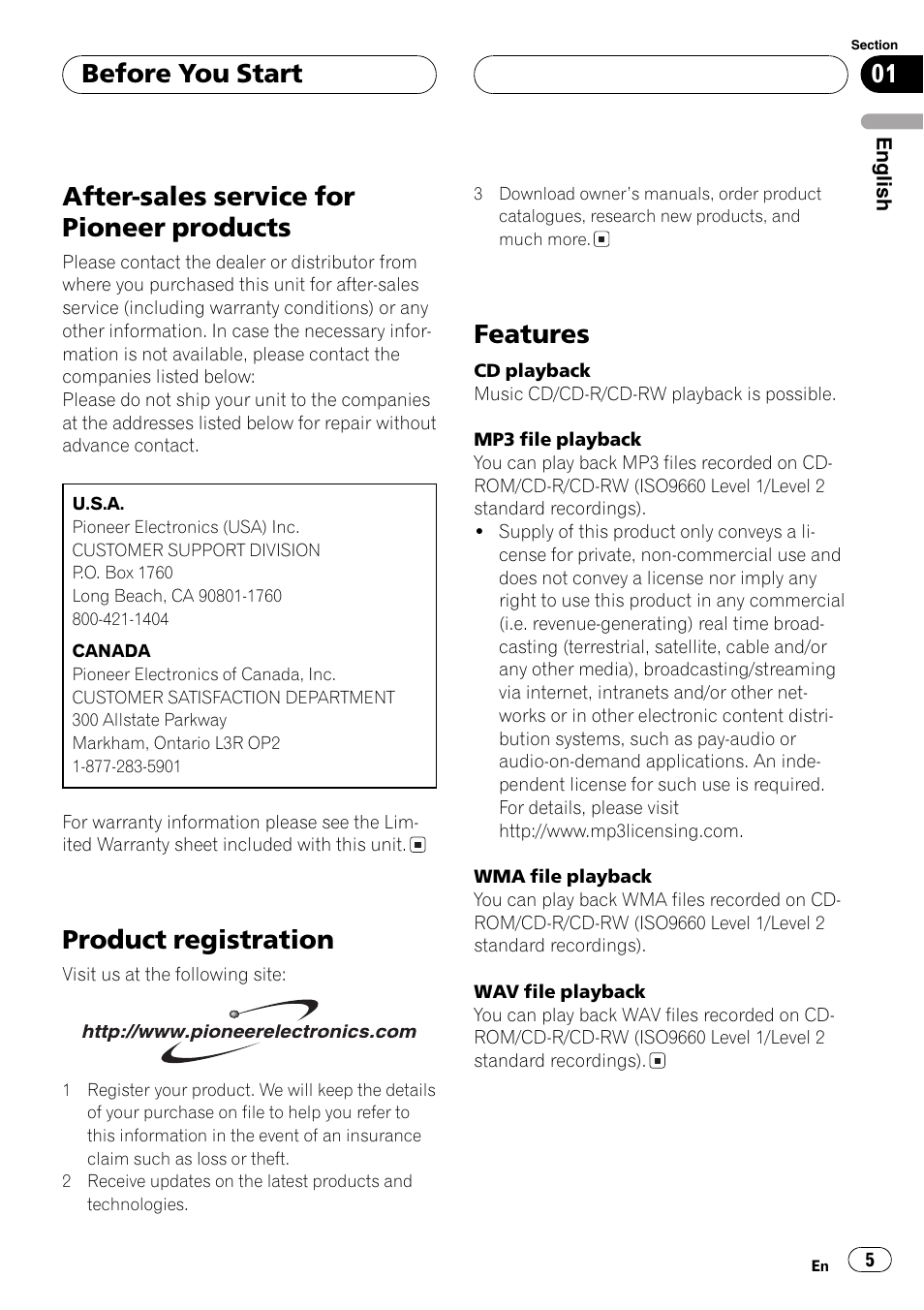 After-sales service for pioneer products, Product registration, Features | Before you start | Pioneer DEH-P3800MP User Manual | Page 5 / 148