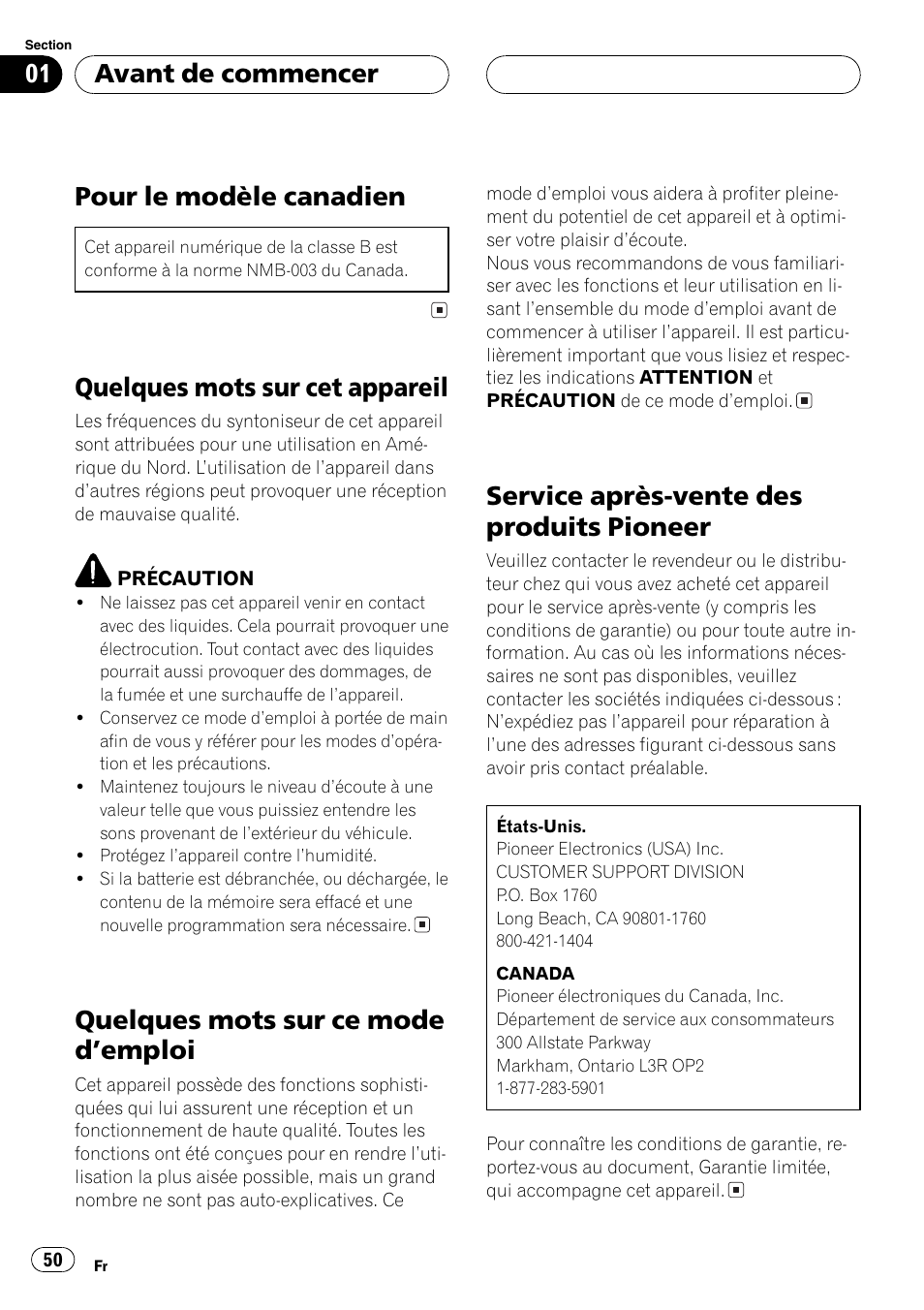 Avant de commencer pour le modèle canadien 50, Quelques mots sur cet appareil 50, Quelques mots sur ce mode demploi 50 | Service après-vente des produits pioneer 50, Pour le modèle canadien, Quelques mots sur cet appareil, Quelques mots sur ce mode demploi, Service après-vente des produits pioneer, Avant de commencer | Pioneer DEH-P3800MP User Manual | Page 50 / 148