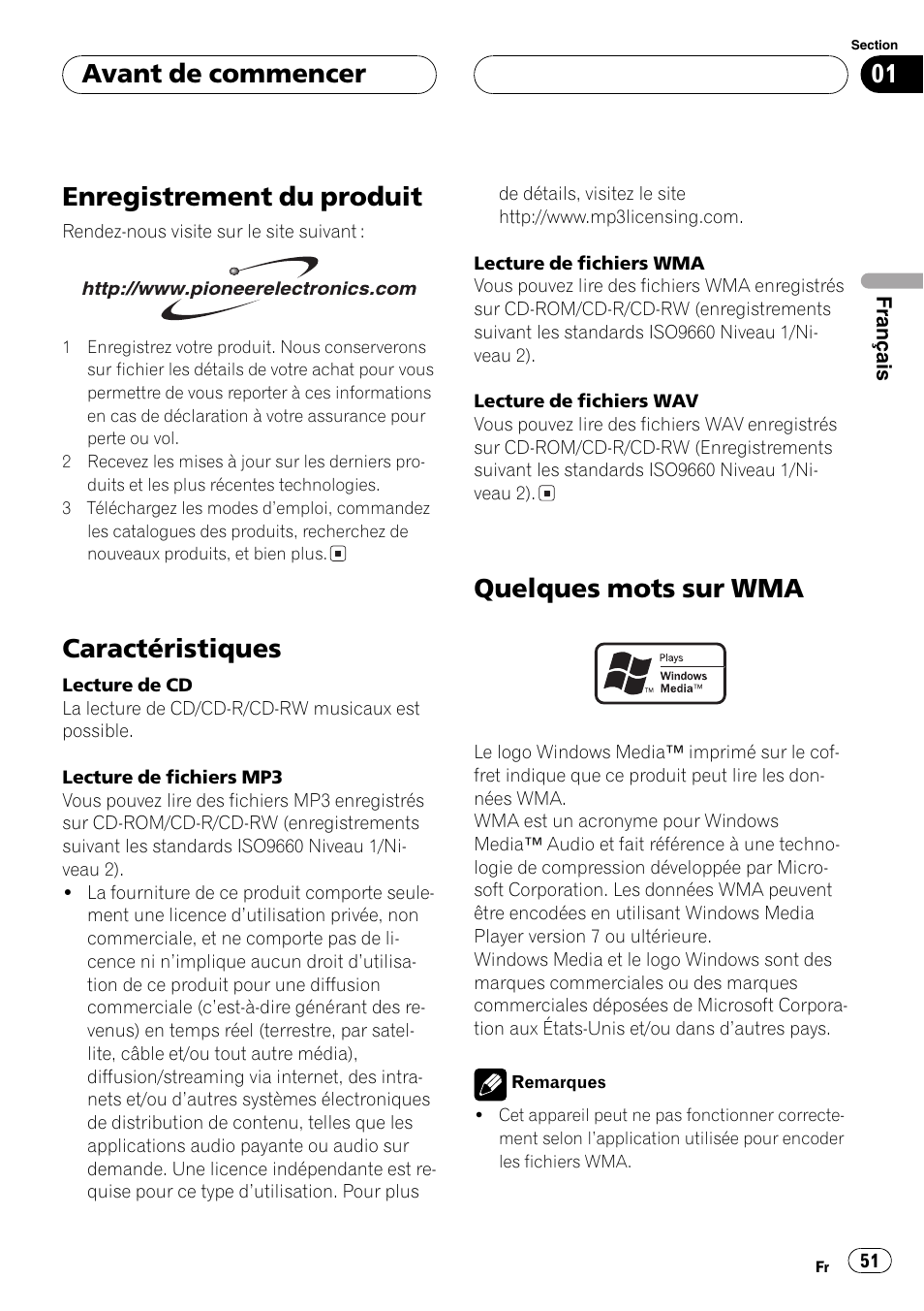 Enregistrement du produit 51, Caractéristiques 51, Quelques mots sur wma 51 | Enregistrement du produit, Caractéristiques, Quelques mots sur wma, Avant de commencer | Pioneer DEH-P3800MP User Manual | Page 51 / 148