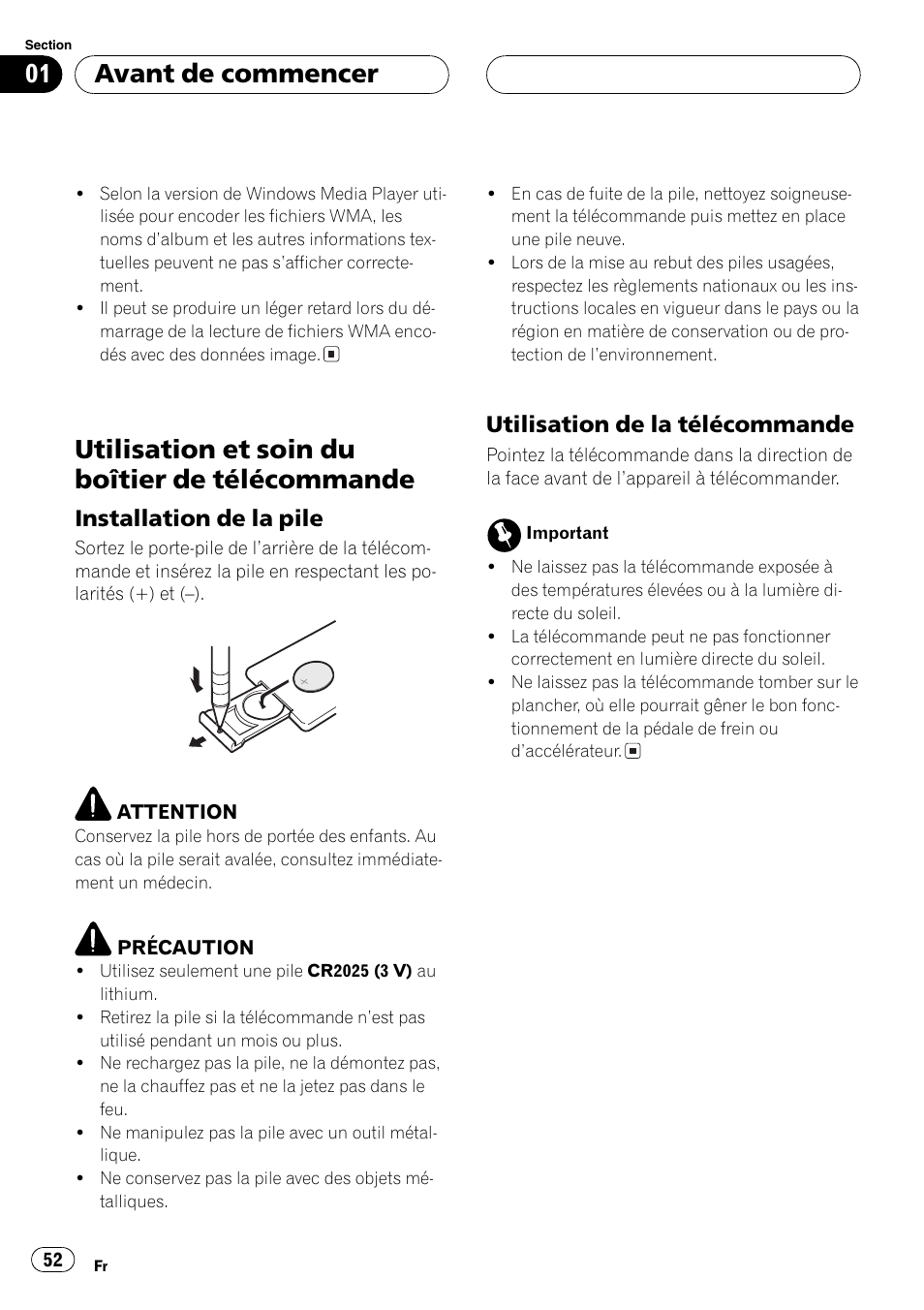 Utilisation et soin du boîtier de, Télécommande 52, Installation de la pile 52 | Utilisation de la télécommande 52, Utilisation et soin du boîtier de télécommande, Avant de commencer, Installation de la pile, Utilisation de la télécommande | Pioneer DEH-P3800MP User Manual | Page 52 / 148