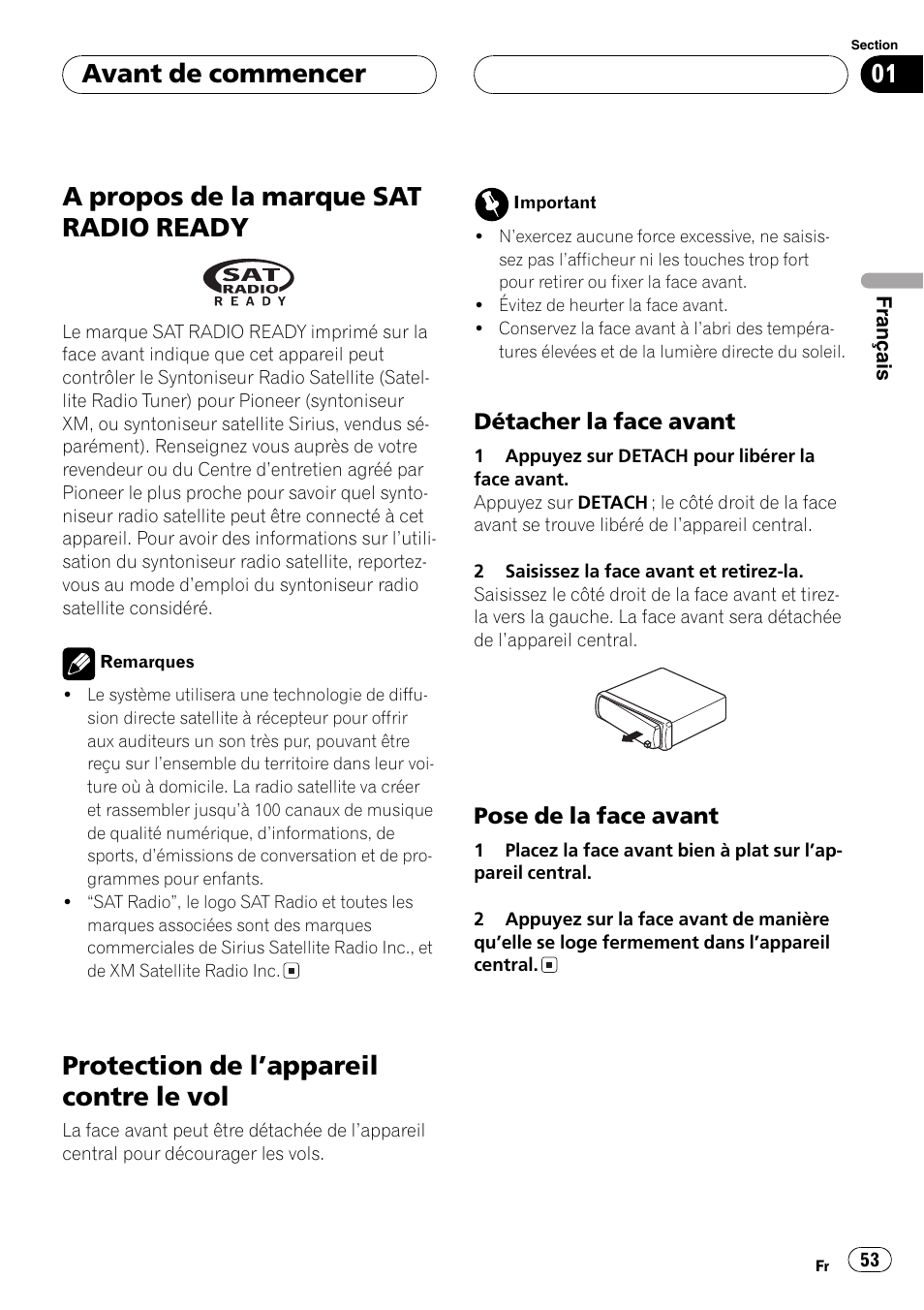 A propos de la marque sat radio, Ready 53, Protection de lappareil contre le vol 53 | Détacher la face avant 53, Pose de la face avant 53, A propos de la marque sat radio ready, Protection de lappareil contre le vol, Avant de commencer | Pioneer DEH-P3800MP User Manual | Page 53 / 148