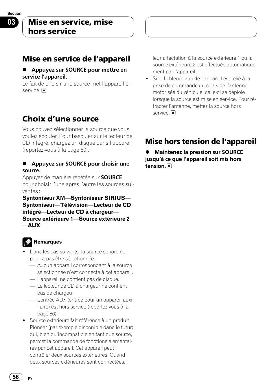 Mise en service, mise hors service, Mise en service de lappareil 56, Choix dune source 56 | Mise hors tension de lappareil 56, Mise en service de lappareil, Choix dune source, Mise hors tension de lappareil | Pioneer DEH-P3800MP User Manual | Page 56 / 148