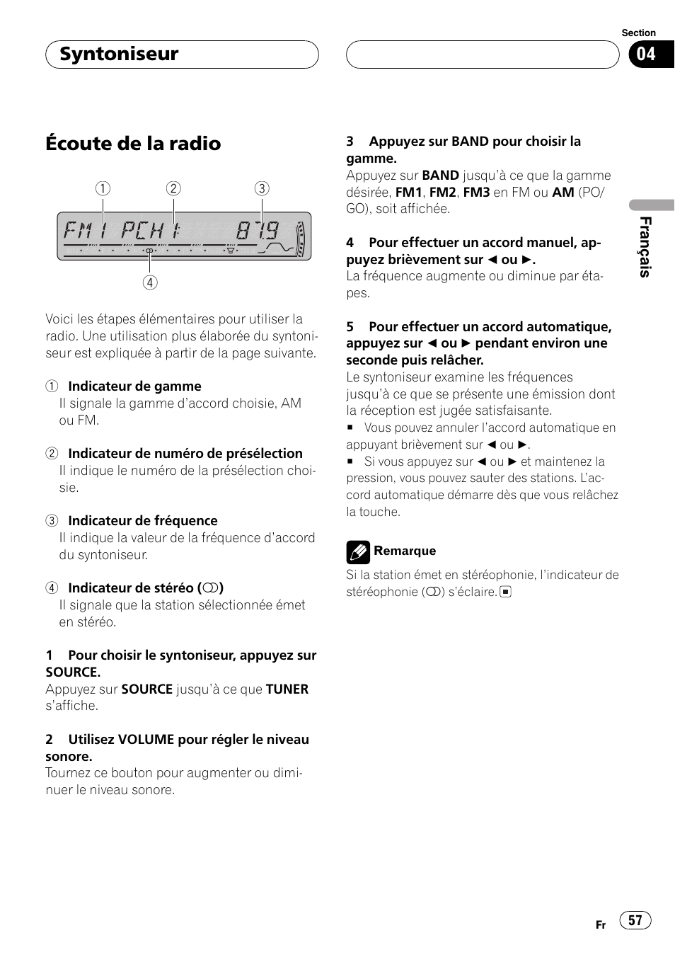 Syntoniseur, Écoute de la radio 57, Écoute de la radio | Pioneer DEH-P3800MP User Manual | Page 57 / 148