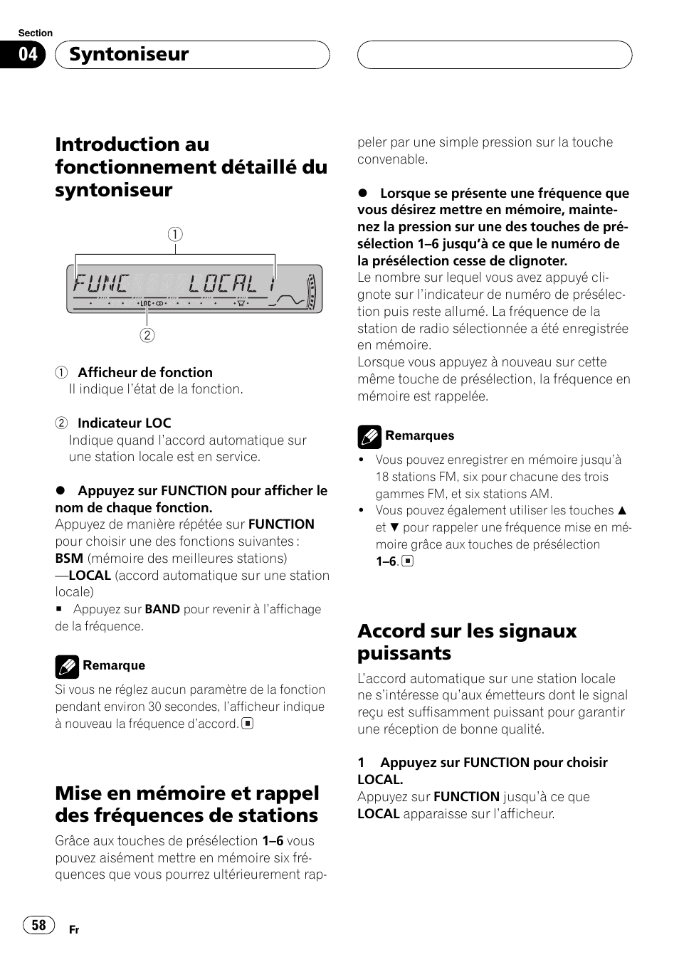 Introduction au fonctionnement détaillé du, Syntoniseur 58, Mise en mémoire et rappel des fréquences | De stations 58, Accord sur les signaux puissants 58, Accord sur les signaux puissants, Syntoniseur | Pioneer DEH-P3800MP User Manual | Page 58 / 148