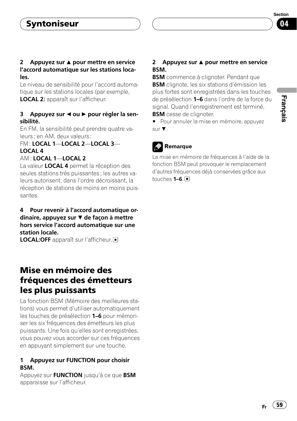 Mise en mémoire des fréquences des, Émetteurs les plus puissants 59, Syntoniseur | Pioneer DEH-P3800MP User Manual | Page 59 / 148