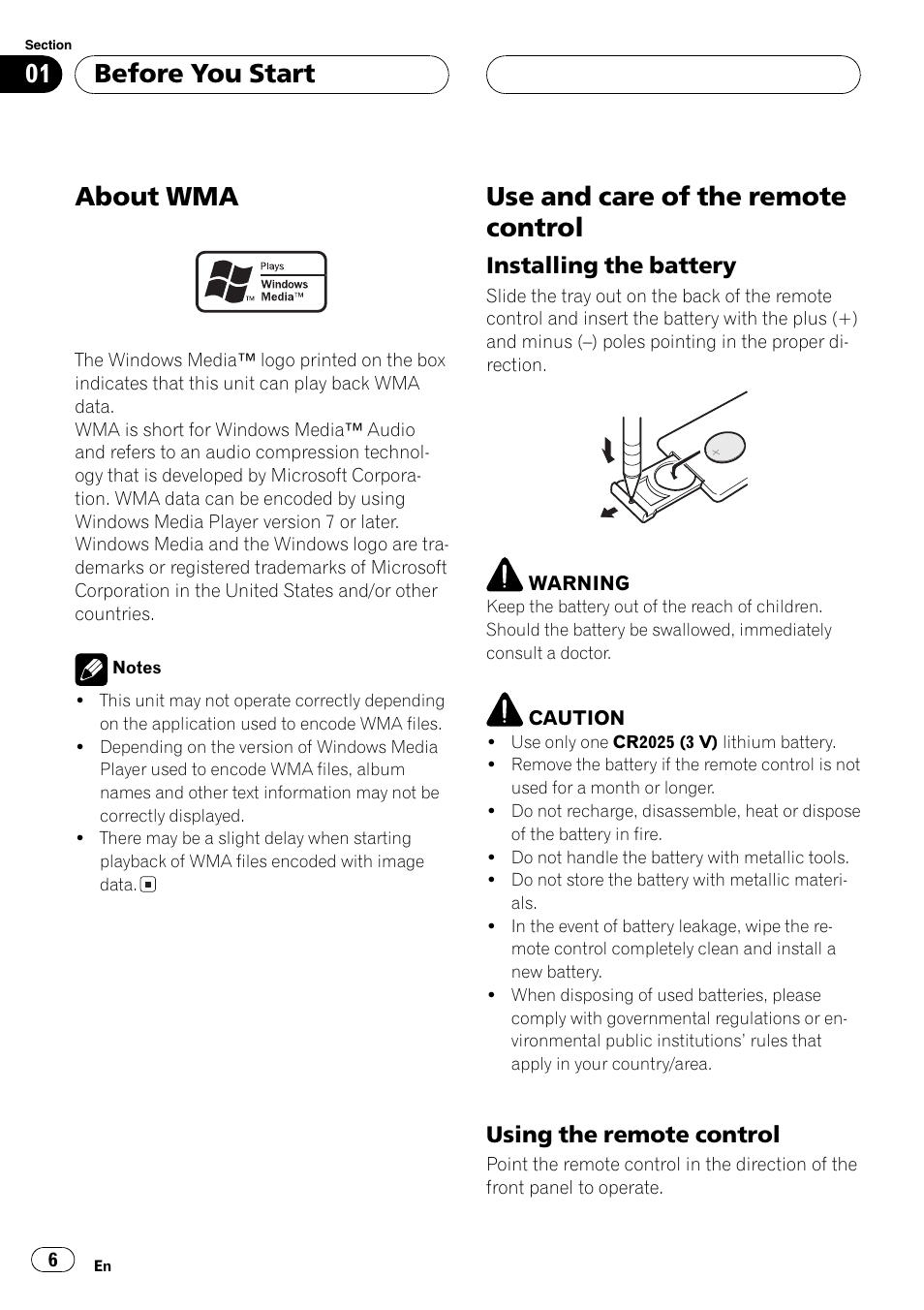 About wma 6 use and care of the remote control 6, Installing the battery 6, Using the remote control 6 | About wma, Use and care of the remote control, Before you start, Installing the battery, Using the remote control | Pioneer DEH-P3800MP User Manual | Page 6 / 148