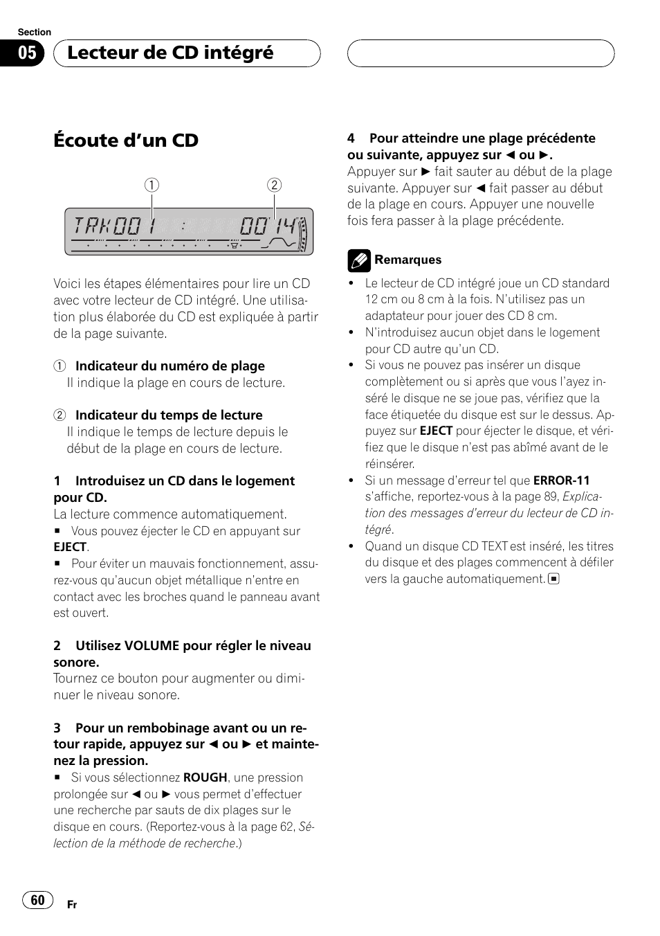 Lecteur de cd intégré, Écoute dun cd 60, Écoute dun cd | Pioneer DEH-P3800MP User Manual | Page 60 / 148