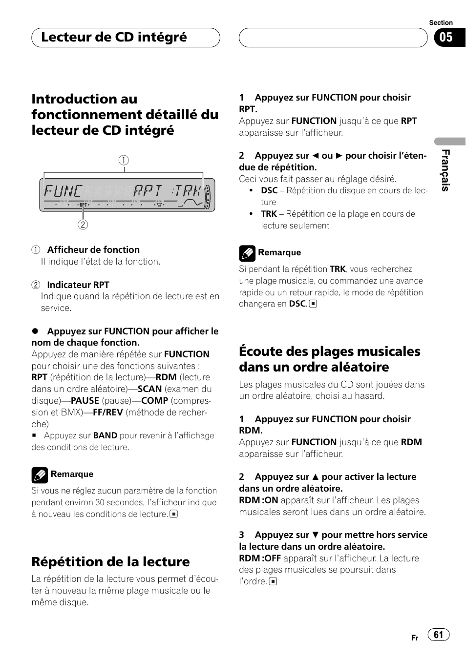 Introduction au fonctionnement détaillé du, Lecteur de cd intégré 61, Répétition de la lecture 61 | Écoute des plages musicales dans un ordre, Aléatoire 61, Répétition de la lecture, Lecteur de cd intégré | Pioneer DEH-P3800MP User Manual | Page 61 / 148