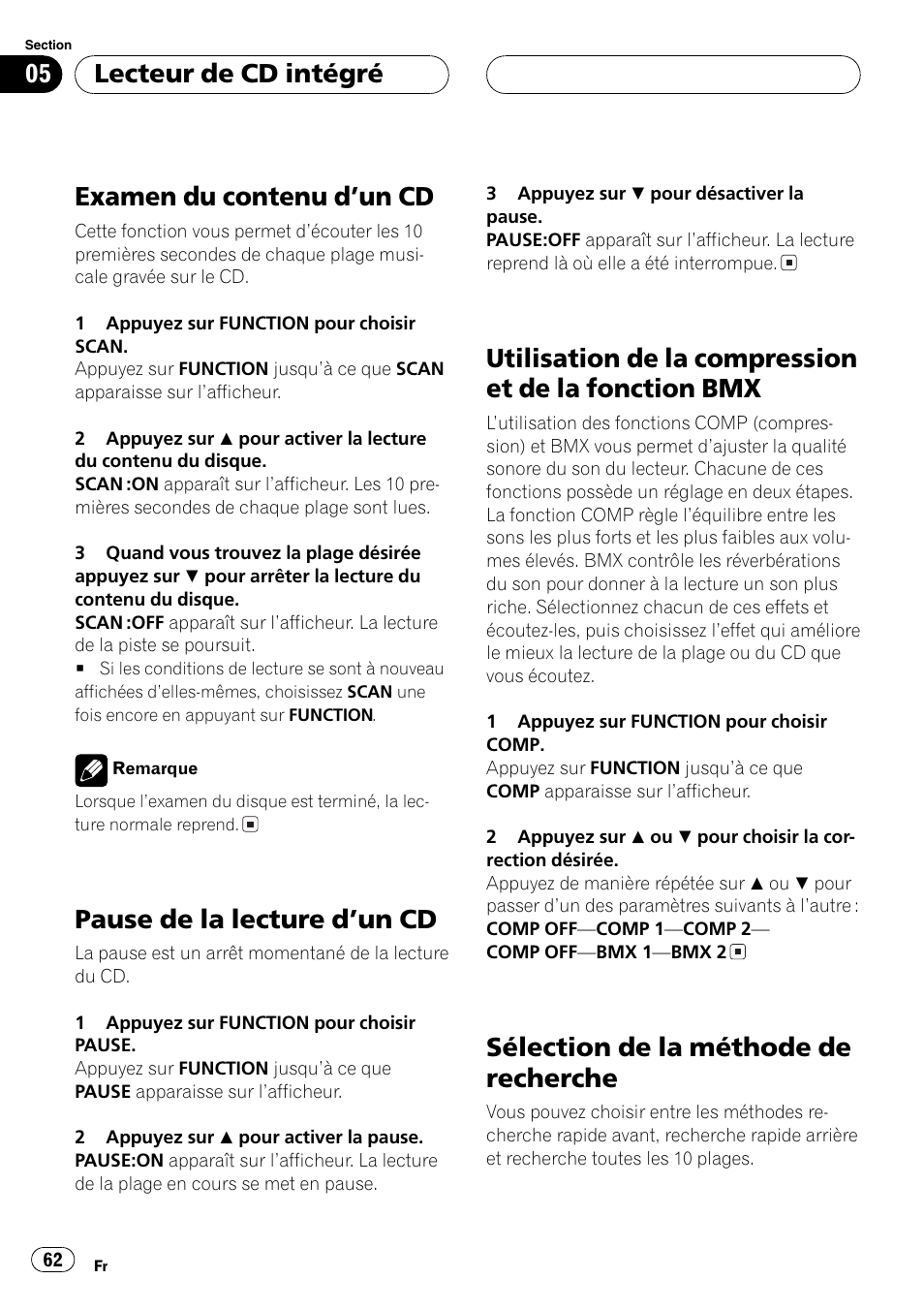 Examen du contenu dun cd 62, Pause de la lecture dun cd 62, Utilisation de la compression et de la | Fonction bmx 62, Sélection de la méthode de recherche 62, Examen du contenu dun cd, Pause de la lecture dun cd, Sélection de la méthode de recherche, Lecteur de cd intégré | Pioneer DEH-P3800MP User Manual | Page 62 / 148