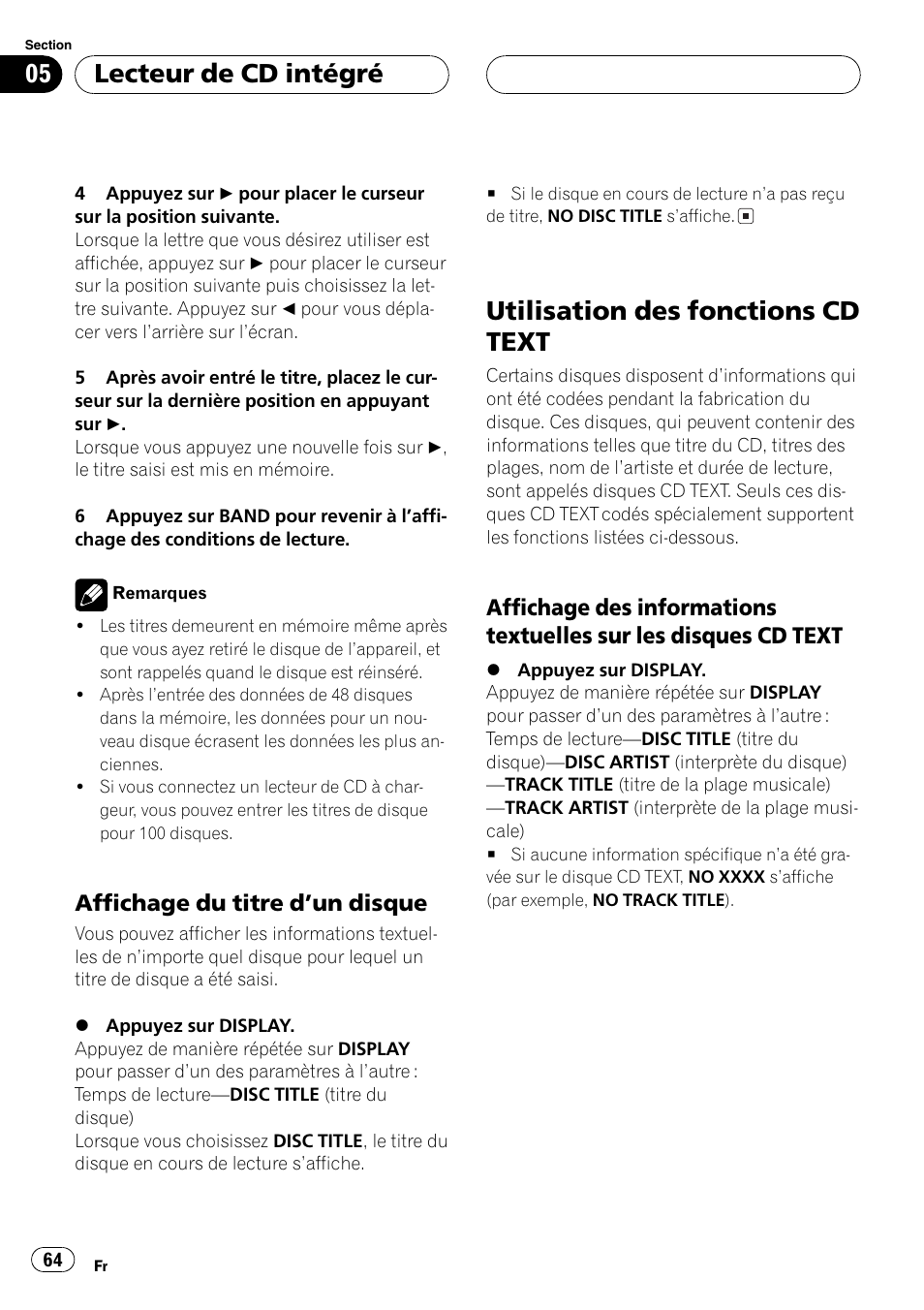 Affichage du titre dun disque 64, Utilisation des fonctions cd text 64, Affichage des informations textuelles | Sur les disques cd text 64, Utilisation des fonctions cd text, Lecteur de cd intégré, Affichage du titre dun disque | Pioneer DEH-P3800MP User Manual | Page 64 / 148