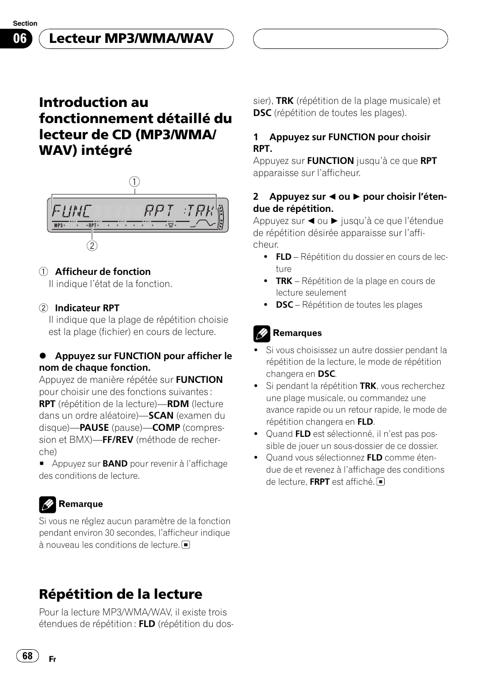 Introduction au fonctionnement détaillé du, Lecteur de cd (mp3/wma/wav), Intégré 68 | Répétition de la lecture 68, Répétition de la lecture, Lecteur mp3/wma/wav | Pioneer DEH-P3800MP User Manual | Page 68 / 148