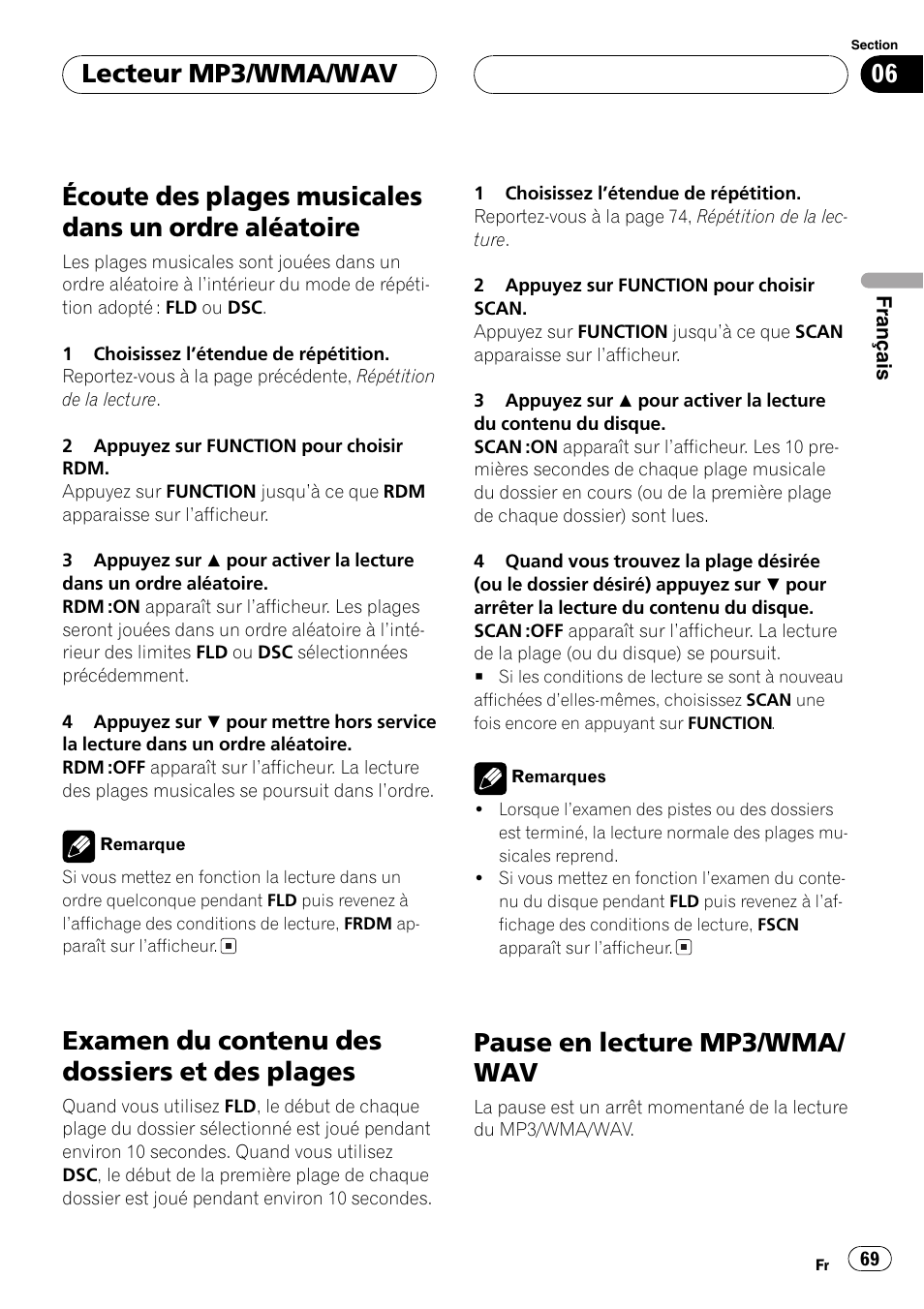 Écoute des plages musicales dans un ordre, Aléatoire 69, Examen du contenu des dossiers et des | Plages 69, Pause en lecture mp3/wma/wav 69, Examen du contenu des dossiers et des plages, Pause en lecture mp3/wma/ wav, Lecteur mp3/wma/wav | Pioneer DEH-P3800MP User Manual | Page 69 / 148